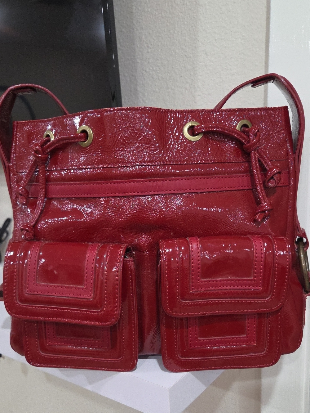 Kate Landry Red Patent Leather Shoulder Bag - Women's Fashion Handbag